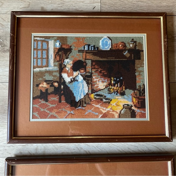 Vintage needlepoint cross stitch wall art cottage fireplace scenes - Picture 4 of 9